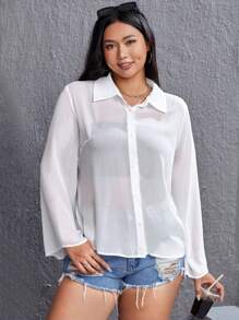 SHEIN EZwear Áo sơ mi Plus Size cắt Nút phía trước màu trơn Giải trí - trắng - Xem 5