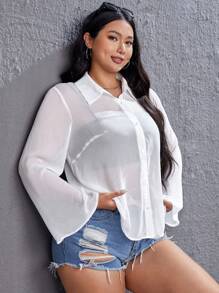 SHEIN EZwear Áo sơ mi Plus Size cắt Nút phía trước màu trơn Giải trí - trắng - Xem 7