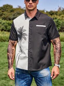 Manfinity Hombres Camisa con estampado tropical - Blanco y Negro - Ver 1