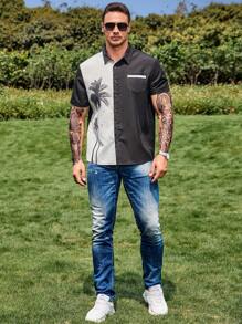 Manfinity Hombres Camisa con estampado tropical - Blanco y Negro - Ver 3