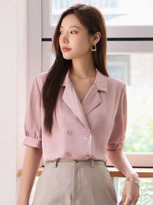 DAZY Lapel Neck Double Breasted Blouse - Pink - View 1