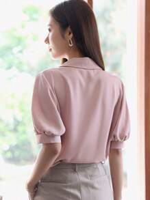 DAZY Lapel Neck Double Breasted Blouse - Pink - View 2