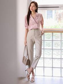 DAZY Lapel Neck Double Breasted Blouse - Pink - View 4