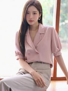 DAZY Lapel Neck Double Breasted Blouse - Pink - View 5