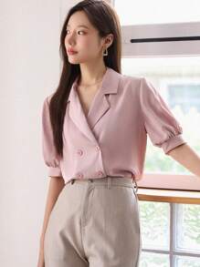 DAZY Lapel Neck Double Breasted Blouse - Pink - View 6