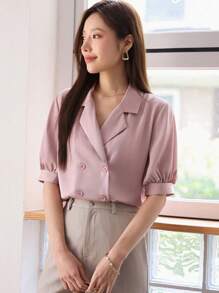 DAZY Lapel Neck Double Breasted Blouse - Pink - View 7