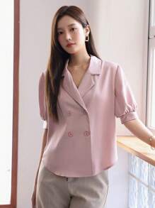 DAZY Lapel Neck Double Breasted Blouse - Pink - View 8