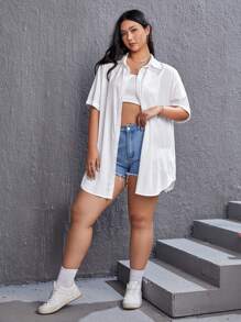 SHEIN EZwear Plus Solid Button Front Drop Shoulder Shirt Without Tube Top - White - View 3