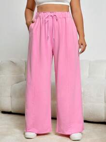 SHEIN EZwear Plus Drawstring Waist Wide Leg Trousers - Baby Pink - View 1