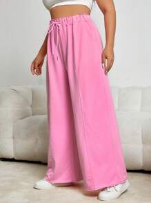 SHEIN EZwear Plus Drawstring Waist Wide Leg Trousers - Baby Pink - View 3