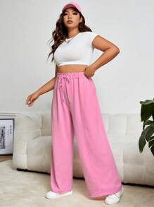 SHEIN EZwear Plus Drawstring Waist Wide Leg Trousers - Baby Pink - View 4