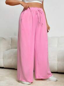 SHEIN EZwear Plus Drawstring Waist Wide Leg Trousers - Baby Pink - View 5