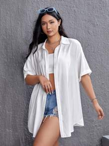 SHEIN EZwear Plus Solid Button Front Drop Shoulder Shirt Without Tube Top - White - View 1