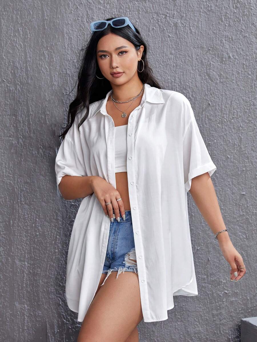 SHEIN EZwear Plus Solid Button Front Drop Shoulder Shirt Without Tube Top - White - View 1