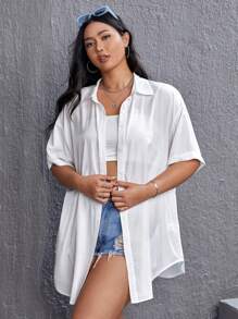 SHEIN EZwear Plus Solid Button Front Drop Shoulder Shirt Without Tube Top - White - View 4