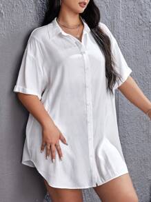 SHEIN EZwear Plus Solid Button Front Drop Shoulder Shirt Without Tube Top - White - View 2