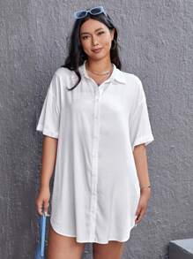 SHEIN EZwear Plus Solid Button Front Drop Shoulder Shirt Without Tube Top - White - View 6