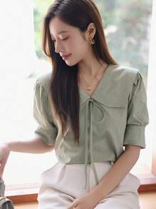 DAZY Cổ thuỷ thủ Ống tay áo Nút phía trước Áo sơ mi - màu xanh lá - Xem 1