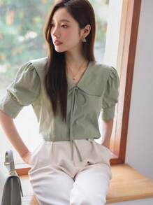 DAZY Cổ thuỷ thủ Ống tay áo Nút phía trước Áo sơ mi - màu xanh lá - Xem 5