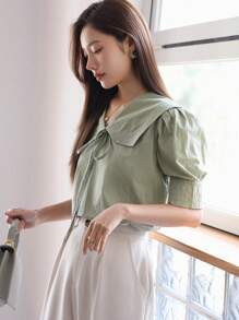 DAZY Cổ thuỷ thủ Ống tay áo Nút phía trước Áo sơ mi - màu xanh lá - Xem 6