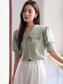 DAZY Cổ thuỷ thủ Ống tay áo Nút phía trước Áo sơ mi - màu xanh lá - Xem 8