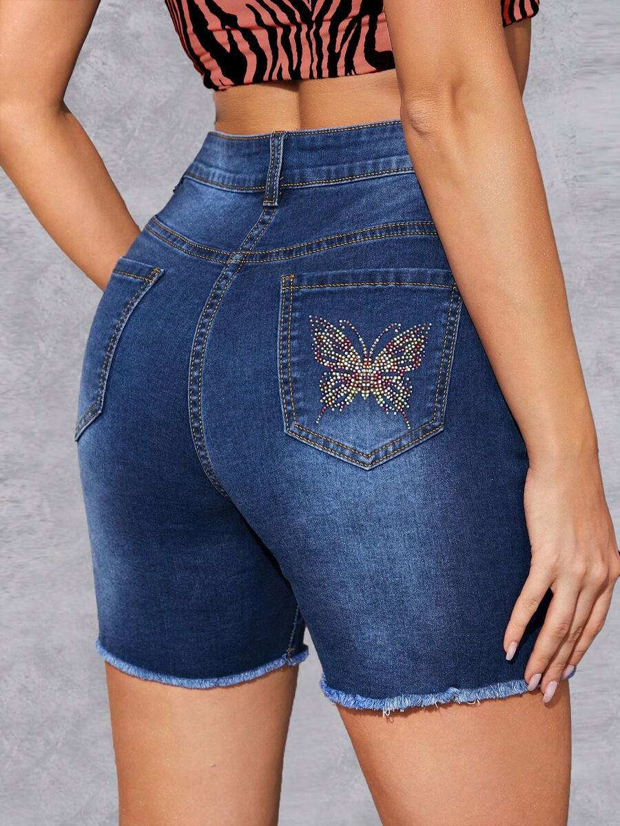 蝴蝶水鑽毛邊牛仔短褲 - 深色水洗藍 - 查看 1