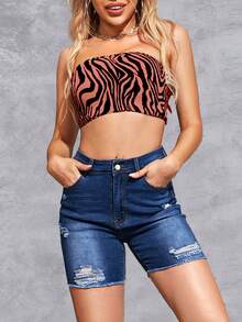 蝴蝶水鑽毛邊牛仔短褲 - 深色水洗藍 - 查看 3