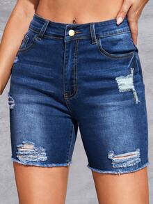 蝴蝶水鑽毛邊牛仔短褲 - 深色水洗藍 - 查看 4