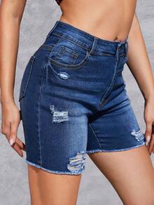 蝴蝶水鑽毛邊牛仔短褲 - 深色水洗藍 - 查看 5