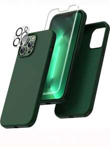 1入組素色矽膠防摔手機殼和1入組螢幕保護鋼化膜和1入組鏡頭保護膜適用於iphone - 墨綠色 - 查看 1