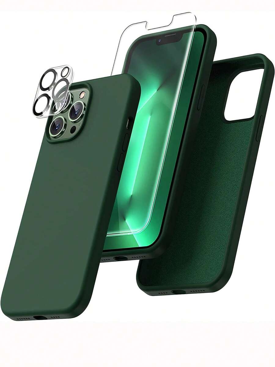 1入組素色矽膠防摔手機殼和1入組螢幕保護鋼化膜和1入組鏡頭保護膜適用於iphone - 墨綠色 - 查看 1
