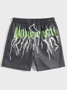 ROMWE MEN Street Life 男士字母圖案腰部抽繩短褲 - 深灰色 - 查看 1