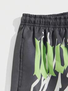 ROMWE MEN Street Life 男士字母圖案腰部抽繩短褲 - 深灰色 - 查看 4