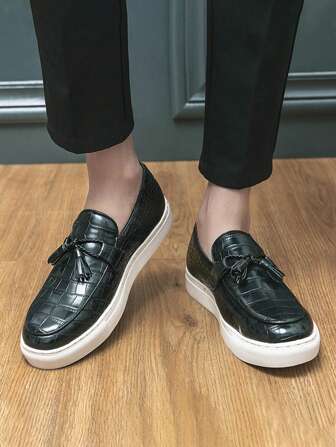 Men Crocodile Embossed Slip-On Loafers, Business Black Casual Loafers