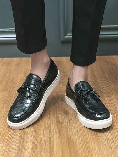 Men Crocodile Embossed Slip-On Loafers, Business Black Casual Loafers