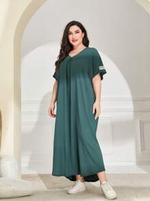 Lacomfia 大碼字母補丁細節蝙蝠袖連衣裙 - 墨綠色 - 查看 3