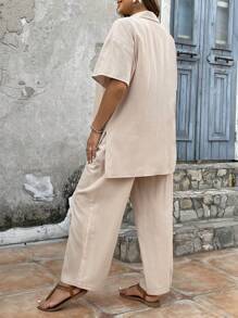 Mulvari 大碼下擺開叉襯衫和闊腿褲 - 杏色 - 查看 2