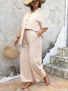 Mulvari 大碼下擺開叉襯衫和闊腿褲 - 杏色 - 查看 5