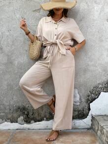 Mulvari 大碼下擺開叉襯衫和闊腿褲 - 杏色 - 查看 6