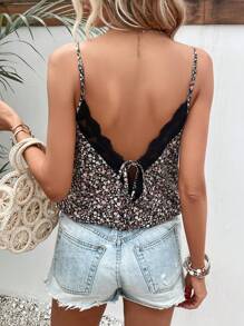 SHEIN Frenchy Ditsy Floral Print Contrast Lace Tie Backless Cami Top - Black - View 1