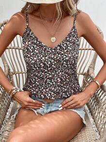 SHEIN Frenchy Ditsy Floral Print Contrast Lace Tie Backless Cami Top - Black - View 2