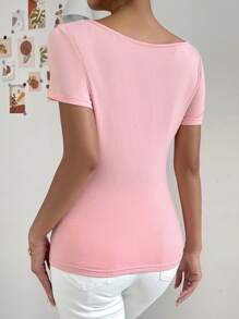 SHEIN Privé Draped Collar Ruched Tee - Pink - View 2