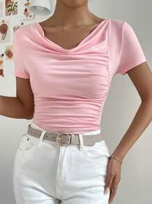 SHEIN Privé Draped Collar Ruched Tee - Pink - View 3