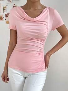 SHEIN Privé Draped Collar Ruched Tee - Pink - View 4
