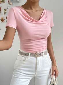 SHEIN Privé Draped Collar Ruched Tee - Pink - View 5