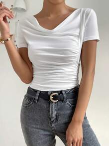 SHEIN Privé Draped Collar Ruched Tee - White - View 1