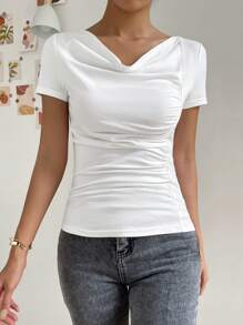 SHEIN Privé Draped Collar Ruched Tee - White - View 3