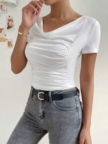 SHEIN Privé Draped Collar Ruched Tee - White - View 4