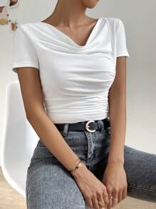 SHEIN Privé Draped Collar Ruched Tee - White - View 6