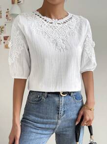 SHEIN Clasi Guipure Lace Panel Puff Sleeve Blouse - White - View 2
